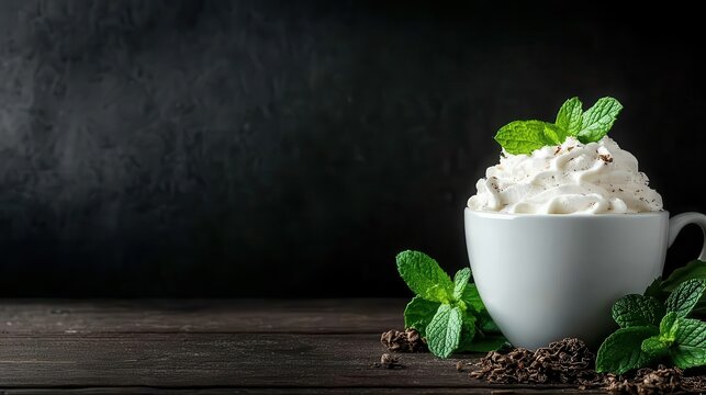 A beautifully crafted cup of coffee topped with a fluffy layer of whipped cream and adorned with fresh mint leaves presents an enticing and refreshing beverage option for coffee lovers.