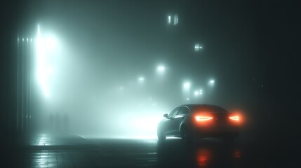 A mysterious and foggy photo of a dystopian grey sci-fi car with lights. 