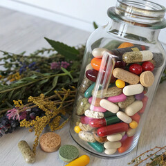 Study of a glass container showcasing an eclectic blend of modern pharmaceutical pills and traditional dried botanical elements.
