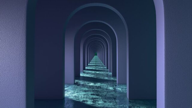 3D render of endless blue arch hallway