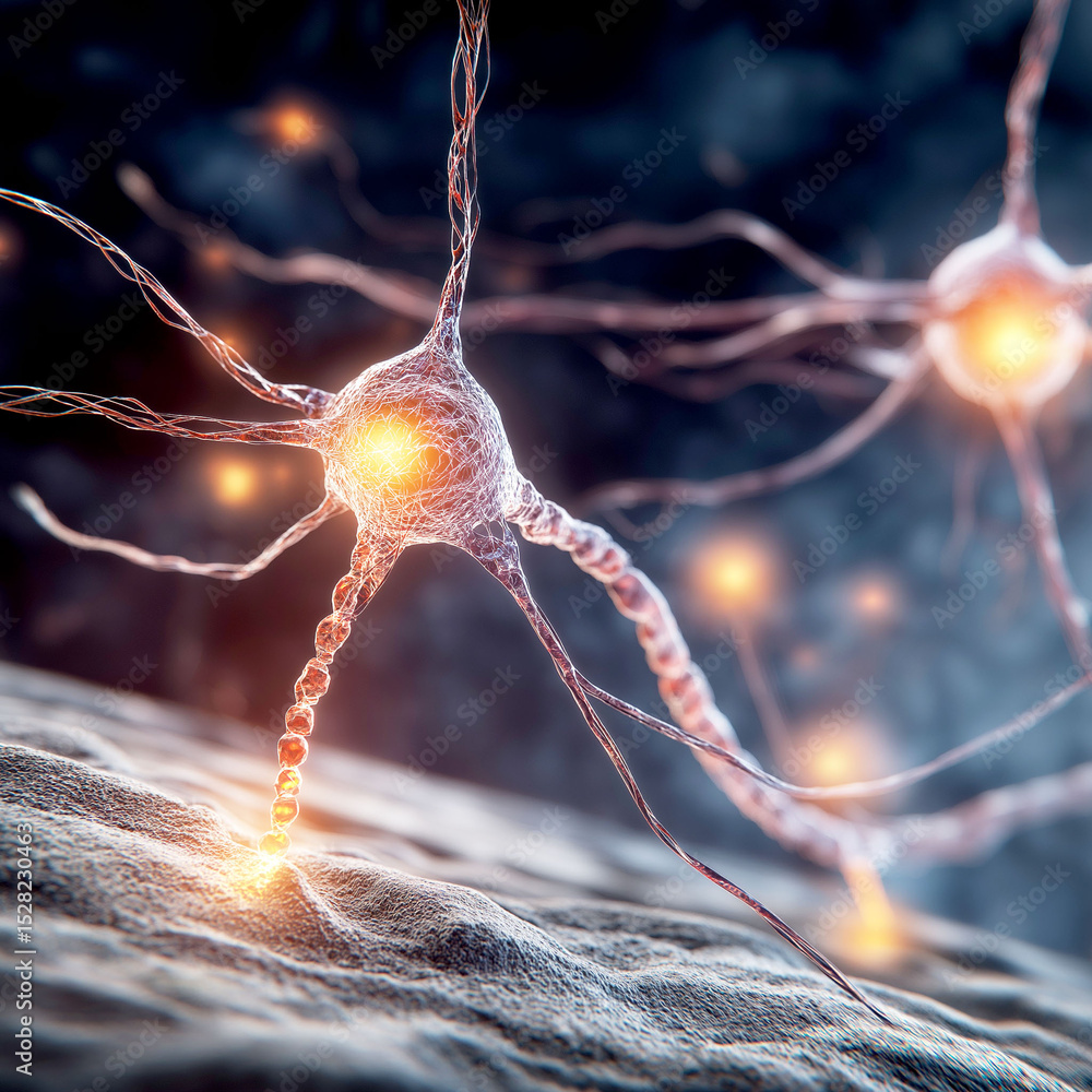 Poster gut brain axis. close-up of a neuron connecting to gut wall lining in a scientific context.