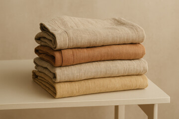 Neatly folded linen clothing in earthy neutral tones stacked on a minimalist table against a soft beige background