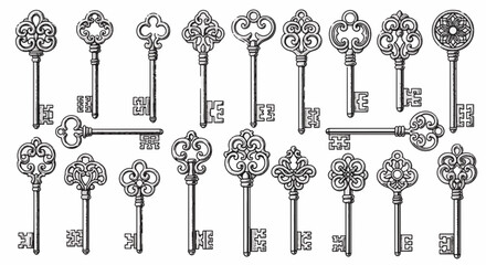 Vintage Ornate Skeleton Keys Collection Line Art
