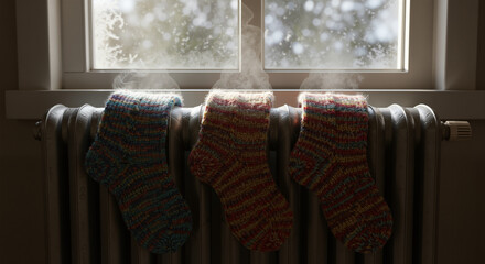 Warm socks drying on a radiator with steam in a cozy winter setting
