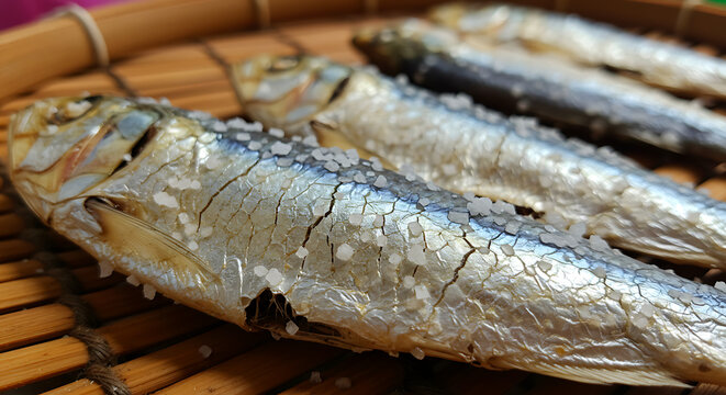 Philippines &ndash; Dried Fish (Tuyo). dried salted sardines on bamboo mat, cracked skin and salt crystals 