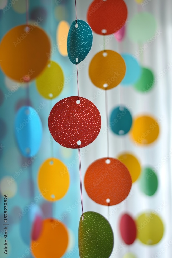 Poster colorful paper circles hanging on a string, creating a cheerful and playful atmosphere