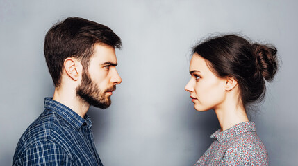 Naklejka premium Emotional manipulation psychology relationship. Partner staring with intensity during silent argument