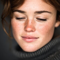 Close-up portrait of a young woman with freckles and natural beauty exuding calmness wearing a cozy sweater in soft lighting showcasing a serene expression and warm skin tones for an intimate