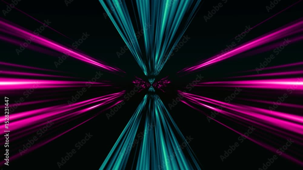 Poster light beams expanding and converging in a kaleidoscopic tunnel. 3d animation loop