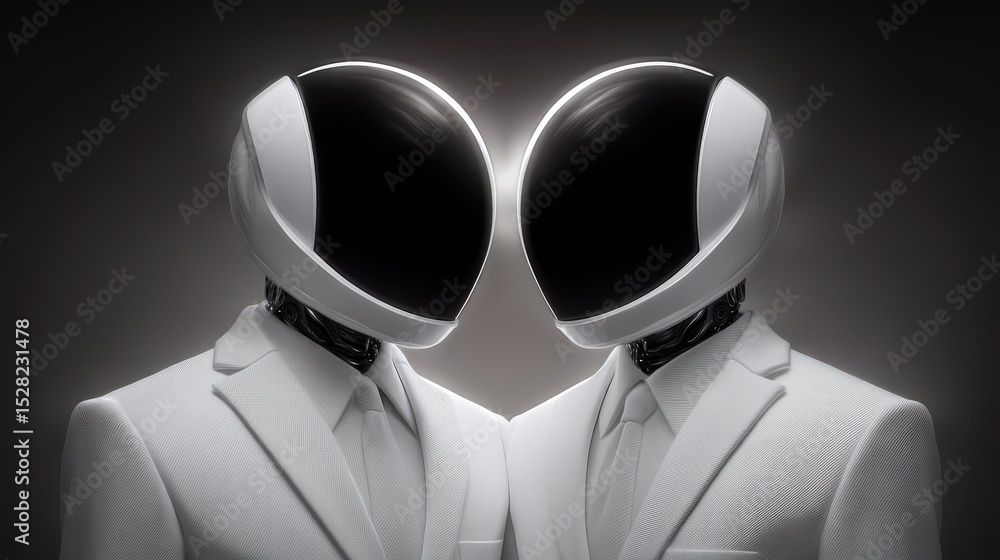 Poster futuristic robotic couple exhibiting synchronized elegance with minimalistic design elements express
