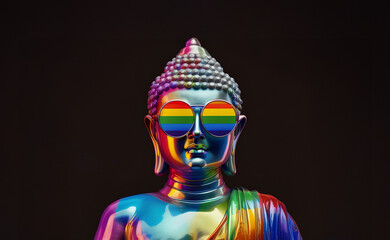 Mystical Buddha iridescent statue wear rainbow sunglasses image joyful rendered hyperrealism symbol LGBTIQ+. Happy Pride Month psychedelic banner on black background