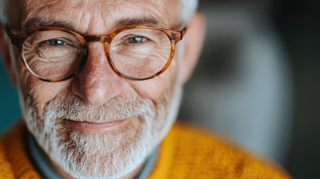 A warm portrait of an elderly man smiling with glasses and a beard, radiating wisdom and kindness, capturing the essence of human experience and the beauty of aging gracefully.