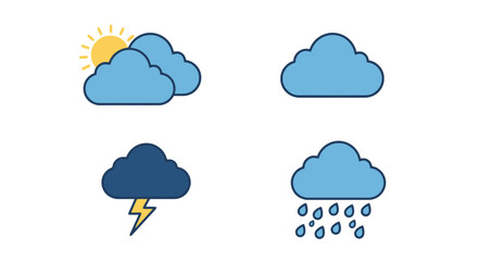 Obraz premium Flat vector weather icon set with blue clouds showing sunny, cloudy, thunderstorm, and rain conditions. Minimalist design for apps or forecasts.*