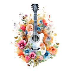 Watercolor Guitar Among The Love Of Flowers, clipart Illustration, Generative Ai