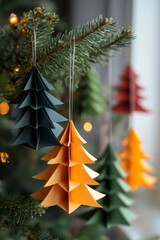 Christmas tree decorated with colorful handmade origami ornaments, creating a festive atmosphere