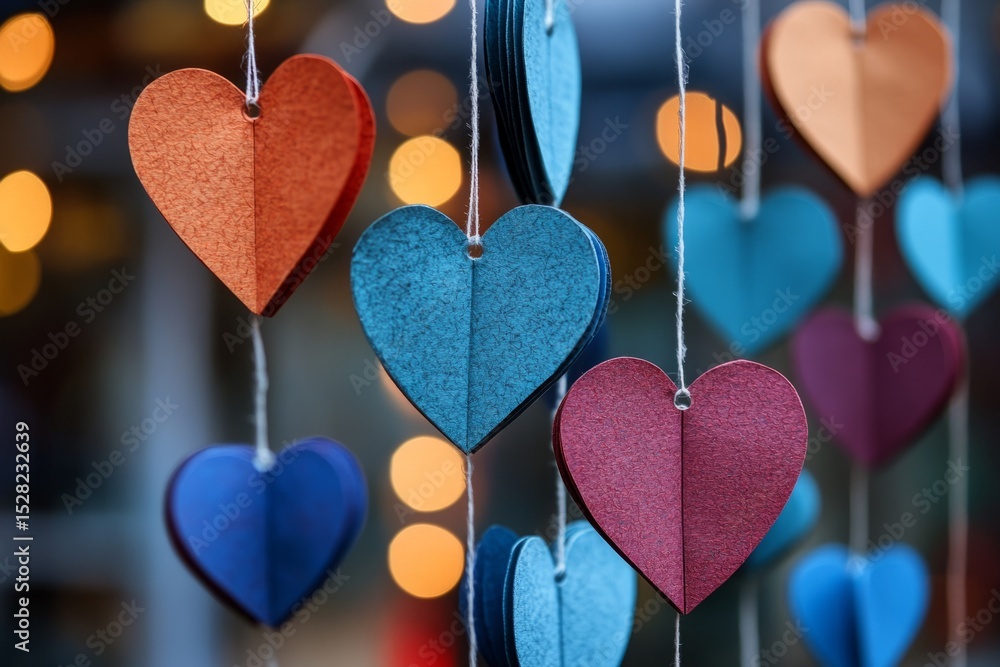 Poster colorful paper hearts hanging on strings, creating a romantic atmosphere with bokeh lights in the ba