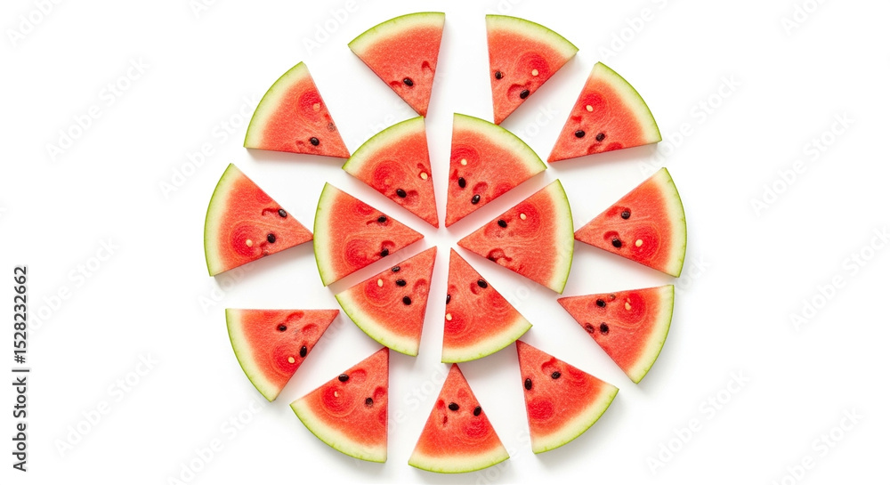 Poster watermelon slices arranged in a circular pattern on a white background