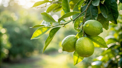 Green Lemon on tree in garden, Green lemons on tree branch in natural warm sunlight background