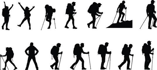 Obraz premium Dynamic Silhouette Collection of Hikers with Backpacks and Trekking Poles, Outdoor Adventure Poses for Exploration Design flat vector illustration