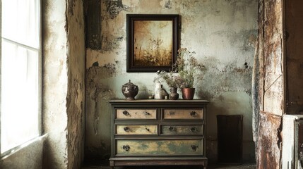 Mock-up poster frame on vintage chest of drawers interior