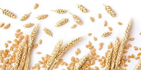 Several stalks of ripe wheat with scattered grains isolated on white background