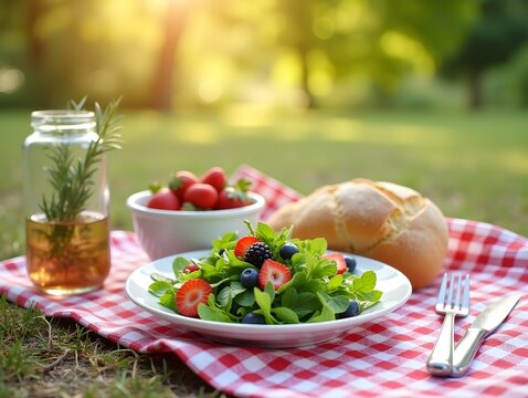 Charming outdoor picnic with fresh green salad, berries, and bread on a checkered tablecloth under natural light