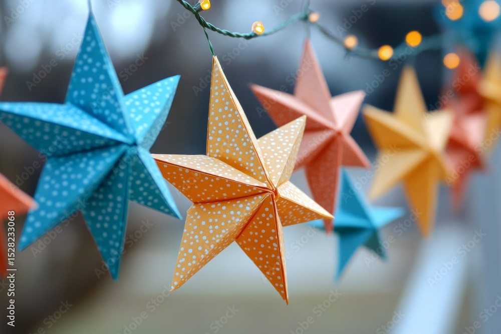 Poster colorful origami stars hanging on a string of lights, adding a touch of festive cheer to the scene