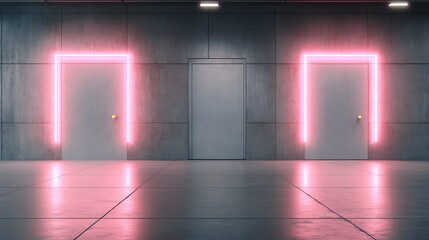 3D render: Abstract neon light background with concrete wall