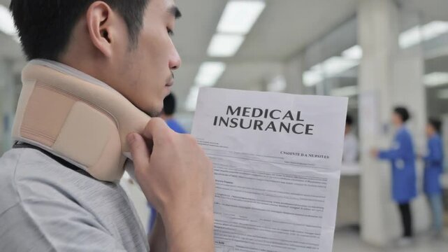 Person with a neck brace with medical insurance.