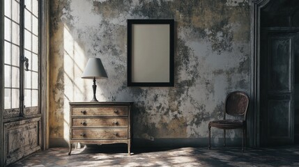 Mock-up poster frame on vintage chest of drawers interior