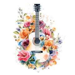 Watercolor Guitar Among The Love Of Flowers, clipart Illustration, Generative Ai