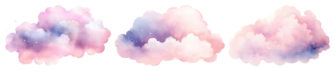 Obraz premium PNG Dreamy watercolor pastel clouds, element set on transparent background