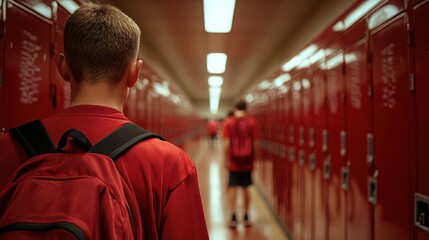 An intimate scene of students with red backpacks in a hallway lined with vibrant red lockers, evoking feelings of youth, camaraderie, and school experiences.
