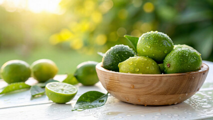Lemon in bowl with water drop on white surface, Green lemon in bowl in natural warm sunlight background