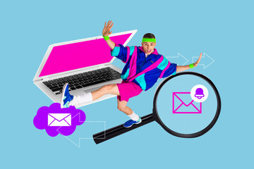 Pop trend collage of happy sporty guy dancing on loupe with computer message