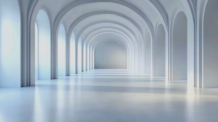 Naklejka premium Minimalist arch room: 3D render of an empty white museum/chapel with concrete floor. 