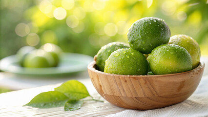 Green Lemons in bowl with water drop on white surface, Green lemon in bowl in natural background