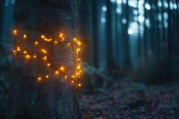 Glowing fairy lights wrapped around a tree in a misty forest