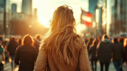 This captivating image captures a woman's silhouette against a bustling crowd during sunset, symbolizing connection and the vibrant energy of urban life.