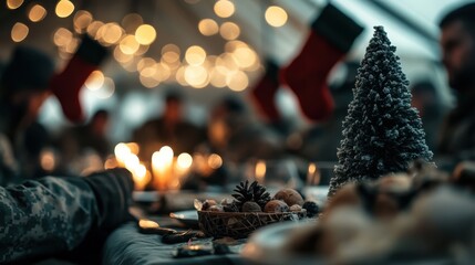 A serene winter gathering featuring a beautifully decorated table laden with sweet treats, warm candles, and a small snow-dusted tree, evoking a cozy, festive atmosphere.