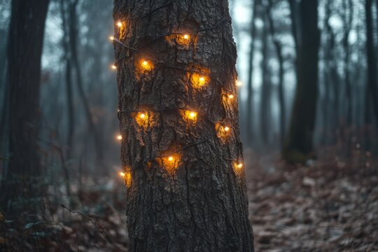 Warm fairy lights illuminating a tree in a mysterious foggy forest, creating a magical atmosphere