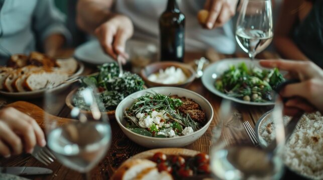 This vibrant dining scene showcases a variety of gourmet dishes shared among friends, highlighting the warmth and connection of enjoyable meals together.