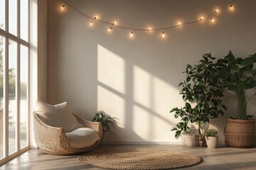 Fototapeta premium Warm sunlight illuminating a cozy living room with rattan armchair, houseplants, and string lights, creating a peaceful atmosphere