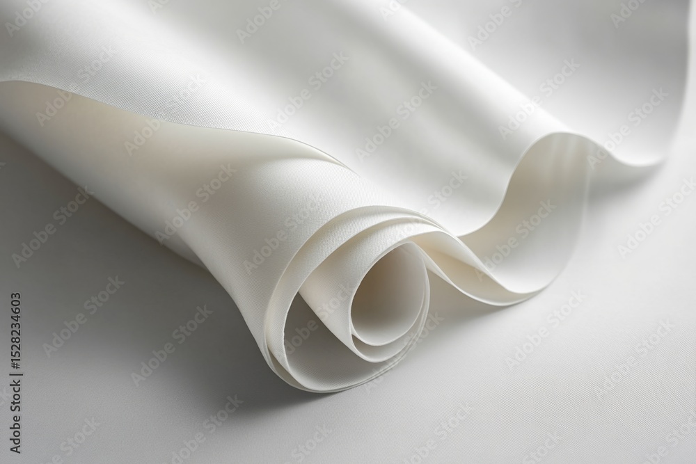 Poster smooth white neoprene fabric swirling on a white background, creating an abstract and elegant compos