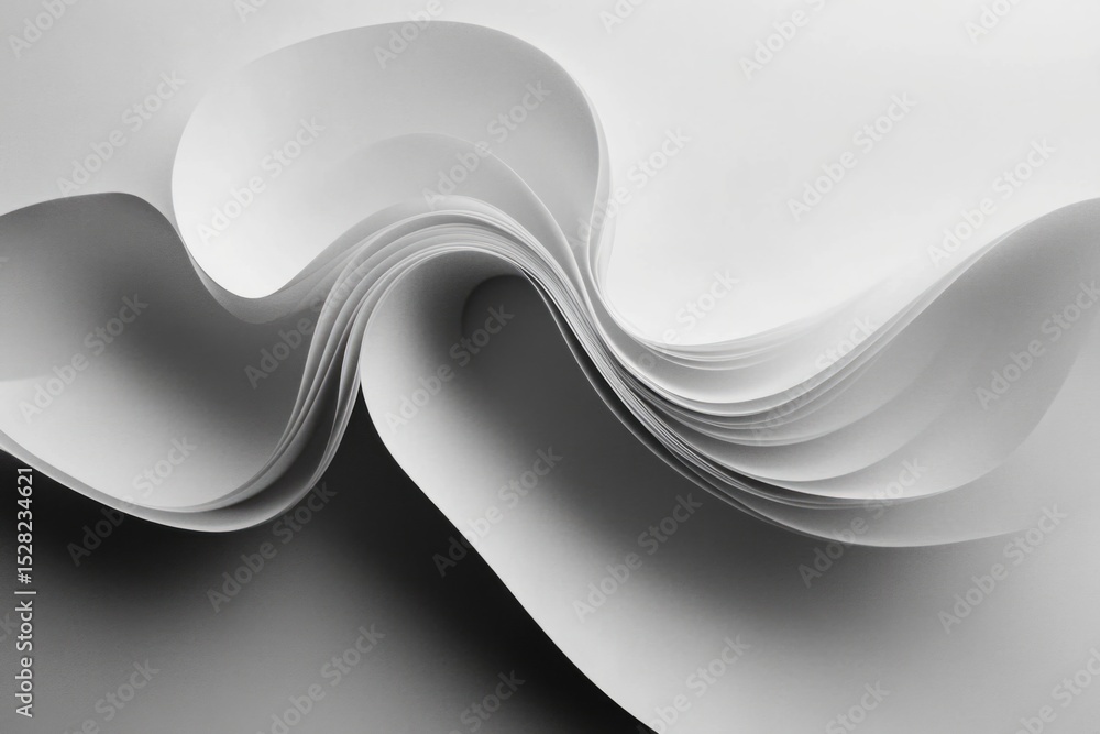 Poster close-up of white paper sheets creating elegant waves and curves, perfect for backgrounds and design