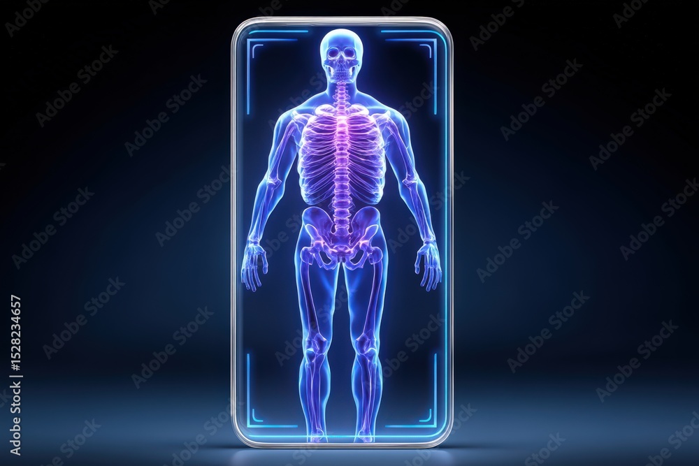 Poster high-tech human anatomy visualization showcasing a luminous skeletal structure displayed through a d