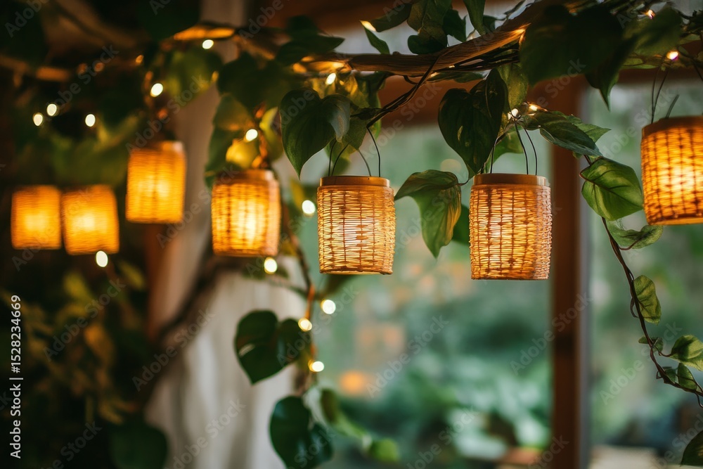 Poster beautiful wicker lanterns emitting warm light, hanging from a branch adorned with green leaves and s
