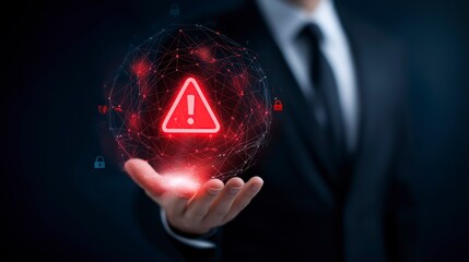 Businessman Holding Holographic Red Warning Symbol – Flat Exclamation Mark in Shield Icon Representing Cybersecurity Alert, Data Protection, and IT Security in a Modern Digital Environment