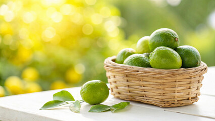 Green Lemon in basket with water drop on white surface, Green lemons in basket in natural warm sunlight background