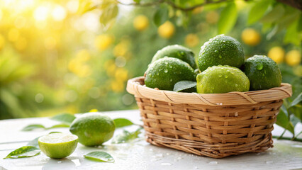 Lemon in basket with water drop on table, Green lemons in basket in natural warm sunlight background